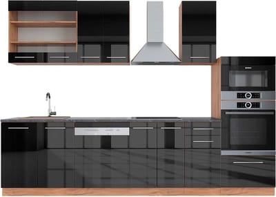 Vicco Fame-Line Complete keukeneenheid – 300 cm met hoge kast, WB Antraciet Antraciet hoogglans/goud eiken