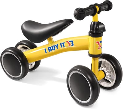 Balance Bike voor Baby's 1-2 Jaar, 4 Wielen, Pedaalloos, Voor Binnen en Buiten, Geel