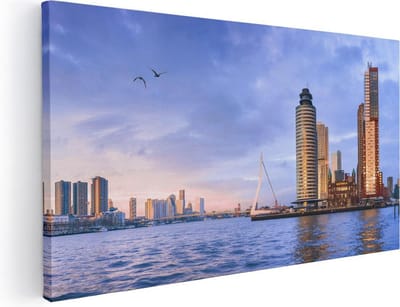 Artaza Canvas Schilderij Rotterdam - 40x20 cm - Klein - Wanddecoratie Skyline - Muurdecoratie Erasmusbrug - Schilderijen Op Canvas Zonsondergang