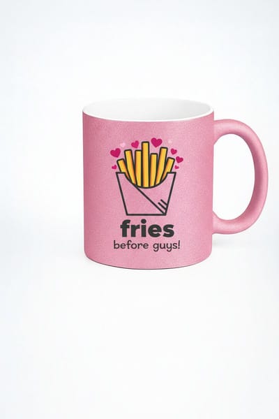 Roze Glitter Mok 'Fries Before Guys!' | Grappige Frietjes Design Beker | Cadeau Vrouwen