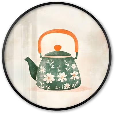 Poster in lijst Rond - Fotolijst 60x60 cm - Posters - Theepot - Groen - Bloemen - Oranje - Ronde posterlijst zwart - Decoratie - Wanddecoratie woonkamer - Muurdecoratie slaapkamer