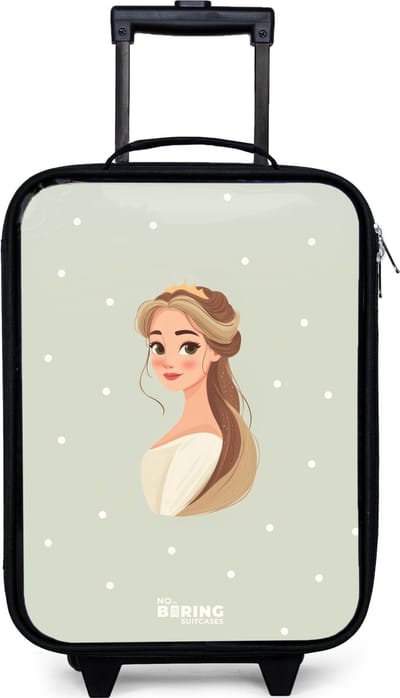 NoBoringSuitcases.com® - Kinderkoffer jongen - Kindertrolley meisje - Prinses met tiara op groene stippenachtergrond - Koffer kind lichtgewicht - Reiskoffer trolley voor kinderen - Koffertje met lichtgevende wieltjes - Rolkoffer zwart