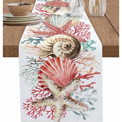 Zomer Zee Koraal Schelp Schildpad Linnen Tafelkleed Commode Sjaals Boerderij Keuken Eettafel Lopers Vakantiefeest Decoratie 150x33cm beige