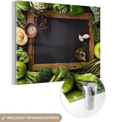 MuchoWow® Glasschilderij 120x90 cm - Schilderij acrylglas - Fruit - Krijtbord - Groente - Foto op glas - Schilderijen