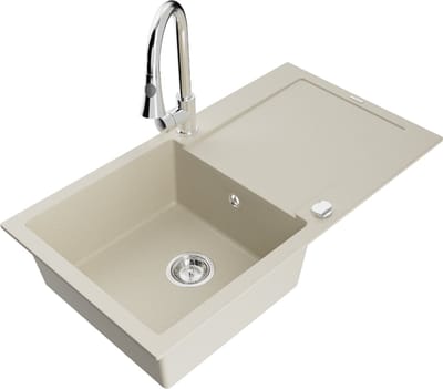 Mexen Leo granieten gootsteen 1-koetje met afdruiprek en keukenkraan Elia, beige - 6501-69-670101-00