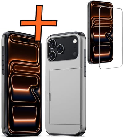 Hoesje Geschikt voor iPhone 17 Pro Max / 18 Pro Max Hoesje Pasjeshouder Shockproof Hard Case Met Screenprotector - Hoesje Geschikt voor iPhone 17 Pro Max / 18 Pro Max Hoes Met Kaarthouder - Grijs
