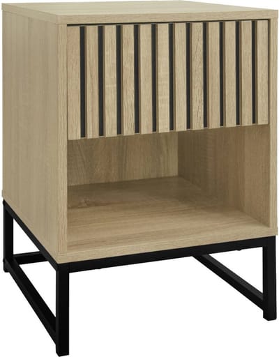 sweeek - Nachtkastje in hedendaagse stijl met 1 lade met geribbelde houtlook (drukopeningssysteem) en 1 nis, met zwart metalen poot