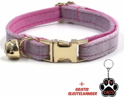 SilverAndCoco® - Roze / Paarse Katten Halsband met Bel met Gratis Sleutelhanger | Velvet Kat Kitten Bandje met belletje | Kattenhalsband Suède Gouden | Kleding Decoratie | Kattenbandje Huisdier - Paars / Goud