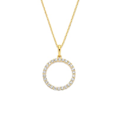New Bling 9NBG-0761 Gouden ketting met Hangertje - Rondje - Cirkel - Zirkonia - 15mm - Ankerschakel - 39+3+3cm - 14 Karaat - Goud