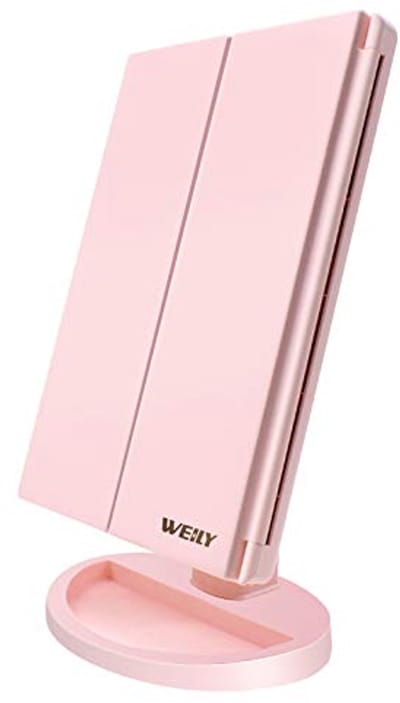 Verlichte Make-upspiegel met 21 LED Lampen en Touchscreen - Roze Drievoudig Gevouwen Spiegel voor Werkblad