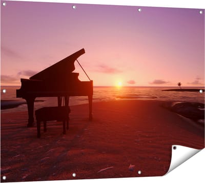 Gards Tuinposter Piano op het Strand bij Zonsondergang - 120x90 cm - Tuindoek - Tuindecoratie - Wanddecoratie buiten - Tuinschilderij
