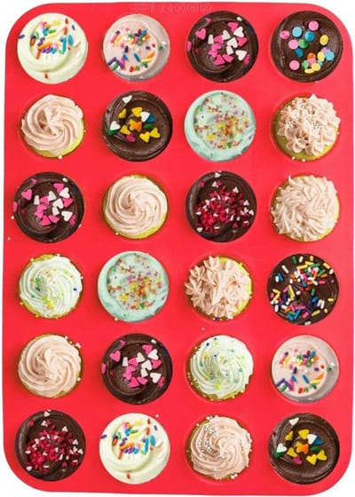Rode Siliconen Muffinvorm - 24 Vormpjes - Siliconen Bakvorm - Muffin Bakvorm Siliconen - Siliconen Cupcake Vormpjes - Muffin Bakblik - Muffin Bakplaat - Rood