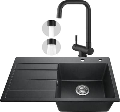 SOFETIY MAX Granieten Spoelbak 78x45CM Zwart - Spoelbakken Keuken Met Inklapbare Keukenkraan - Spoelbak Met Planchet en Afdruiprek - Spoelbakken Incl. Sifon en Afvoerzeefje