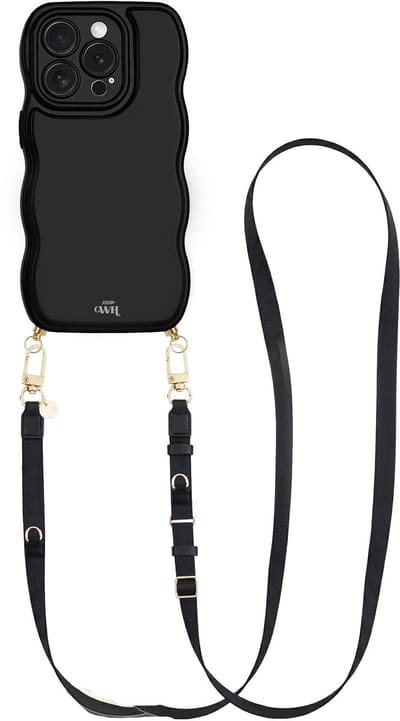 xoxo Wildhearts Glossy Wavy Cord Case Black - Geschikt voor iPhone 16 Pro Max - Lanyard Strap (Black) - Lang koord - Glimmend telefoonhoesje met golven - Hoesje met koord - Stevig telefoonkoord - Lange telefoonketting - Zwart hoesje