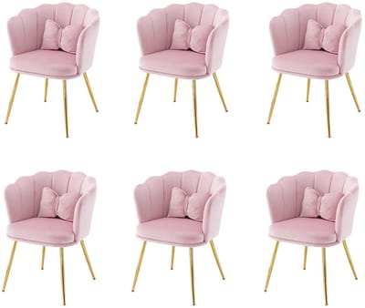 BLACKCOLORS Set van 6 moderne fluwelen salonstoelen, badkamerstoelen, gestoffeerde stoelen met bloembladvormige rugleuning, vergulde metalen poten en vlinderkussens voor de slaapkamer-eetkamer