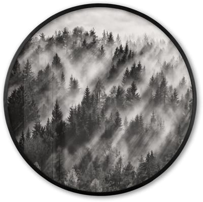 Poster in lijst Rond - Fotolijst 60x60 cm - Posters - Landschap - Mist - Bos - Natuur - Ronde posterlijst zwart - Decoratie - Wanddecoratie woonkamer - Muurdecoratie slaapkamer