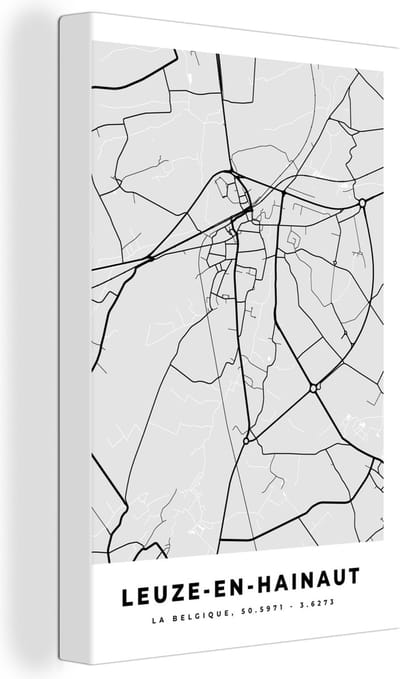 Canvas Schilderij Plattegrond – Leuze en Hainaut – Zwart Wit – Stadskaart - Kaart - 20x30 cm - Wanddecoratie
