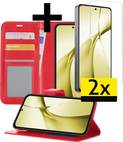 Hoesje - Met 2x Screenprotector - Geschikt voor OnePlus Nord CE4 - Luxe Pasjeshouder - Bookcase Portemonee - Flip Case - Kunstleer Book Case - Flipcase Hoes - Book Cover - Walletcase - Portemonneehoes - Telefoonhoesjes - Rood