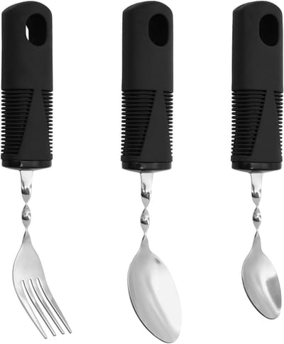 Set van 3 Bestek voor Mensen met Artritis - Vork, Lepel en Theelepel met Ergonomische Handgreep voor Makkelijk Eten en Drinken, Rvs en Rubber-Plastic Materialen