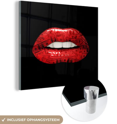 MuchoWow® Glasschilderij 50x50 cm - Schilderij acrylglas - Lippen - Geld - Rood - Foto op glas - Schilderijen