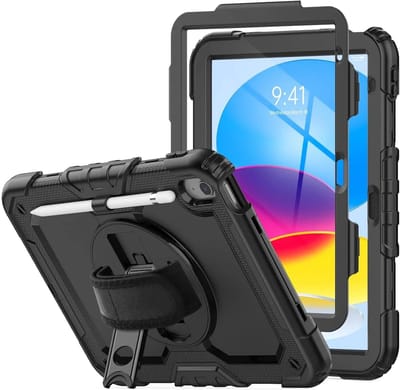 Hoes met ingebouwde Screenprotector Geschikt voor Apple iPad 11 (2025) A16 / 11 (2025) / 10.9 (2022) | Inclusief Handriem en Schouderriem | Extreme bescherming | Ideaal voor zakelijk gebruik