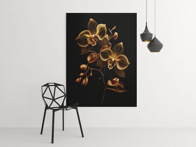 Canvas Schilderij Bloemen - Gouden Orchidee op Zwarte Achtergrond - Luxe Wanddecoratie - 75 x 100 cm