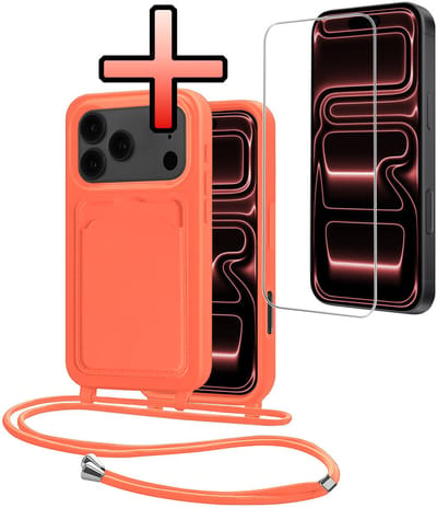 Hoes Geschikt voor iPhone 17 Pro Hoesje Pasjeshouder Cover Met Koord Case Siliconen Hoes Met Telefoonkoord en Kaarthouder Met Screenprotector - Papaya