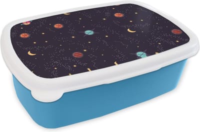 Broodtrommel Blauw - Lunchbox - Brooddoos - Planeten - Sterren - Patronen - 18x12x6 cm - Kinderen - Jongen