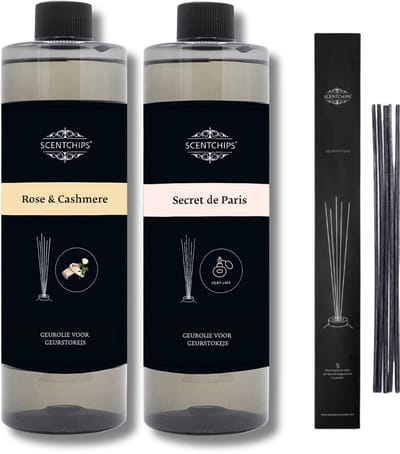 Navulling rose & cashmere + secret de paris + geurstokjes - Geurstokjes Navulling Set van 2 + 5 Geurstokjes - Geurverspreider - Luchtverfrisser - Huisparfum - 400ml x 2
