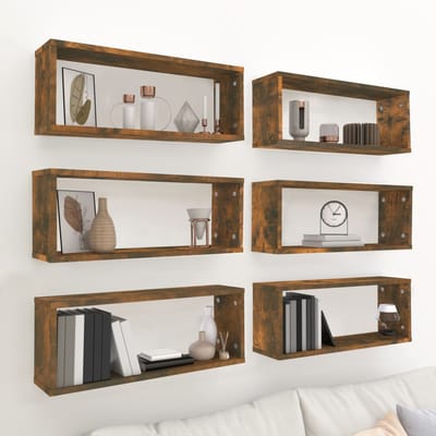vidaXL - Wandschappen - kubus - 6 - st - 60x15x23 - cm - bewerkt - hout - gerookt - eiken