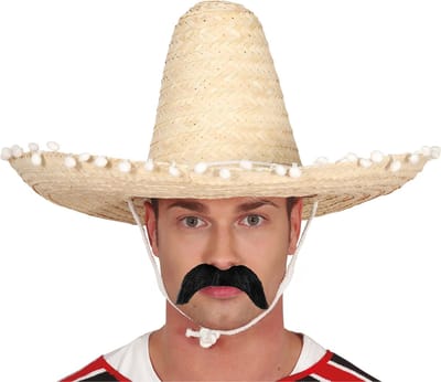 Smiffys Mexicaan Carnaval verkleed set - Grote sombrero hoed naturel - Dia 50 cm - met plaksnor - heren