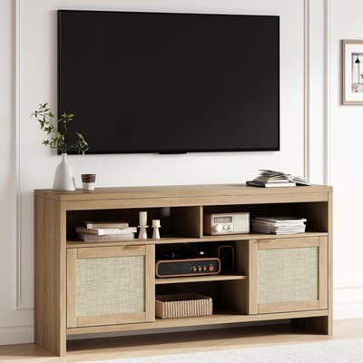 Boho rotan tv-meubel-voor tv's tot 65 inch-met 2 verstelbare planken-schuifdeuren van rotan en verborgen opbergruimte-massief houten poten voor woonkamer-bruin