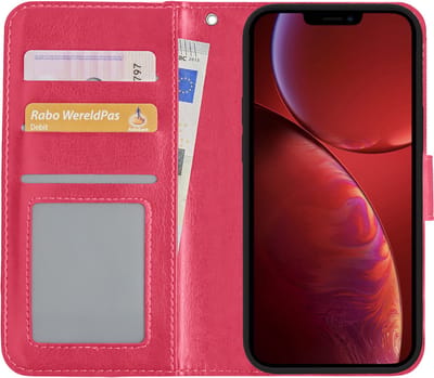Hoesje - Met Pasjeshouder - Geschikt voor Apple iPhone 14 - Luxe Bookcase Portemonee - Flip Case - Kunstleer Book Case - Flipcase - Book Cover - Walletcase - Portemonneehoes - Donkerroze