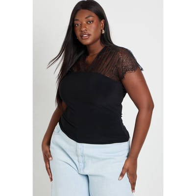 boohoo Dames Plus Top Met Kanten Inzet En V-hals | Zwart | Maat: 52