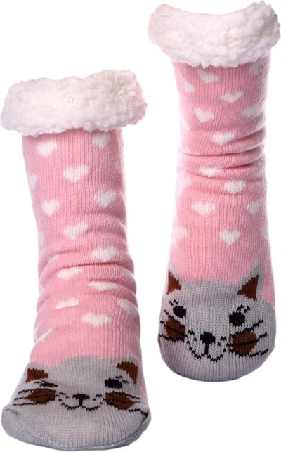 JAXY - Huissokken Dames - Verwarmde Sokken - Anti Slip Sokken - Huissokken - Bedsokken - Warme Sokken - Kerstcadeau Voor Vrouwen - Thermosokken - Dikke Sokken - Fluffy Sokken - Kerstsokken Dames en Heren - Kat