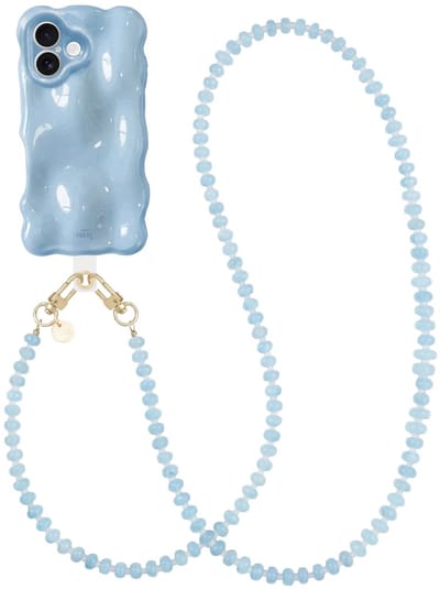 xoxo Wildhearts Bubbly case Ice Blue - Dusty Cord (lang) - Geschikt voor iPhone 17 - Hoesje met bobbeltjes inclusief telefoonkoord - Krullende golfvorm - schokbestendig - Telefoonhoesje met koord - Koord ook afneembaar - Blauw