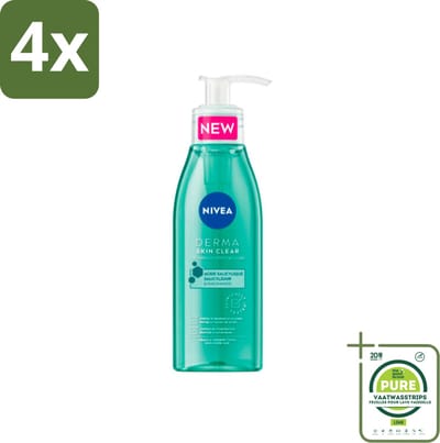 NIVEA - Reinigingsgel - DERMA Huidzuiver - Voor onzuivere huid - Met Salicylzuur (AHA) & Niacinamide - Tegen Acne & Mee-eters - 150 ml - Voordeelverpakking - 4 stuks - Gezichtsreiniger - Onzuivere huid