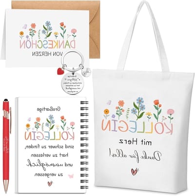 6-delig Bedankset voor Collega's met Canvas Tas, Sleutelhanger, Notitieboek, Balpen en Wenskaart voor Afscheid en Kerstmis