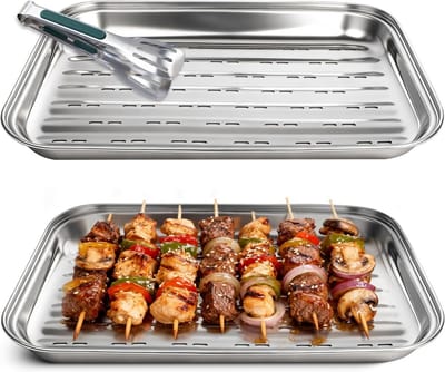 BBQ Grillschalen - Groentebak Roestvrijstaal - Buiten Grillen - Met Grilltang - 345 x 245 x 27 cm - Zilver