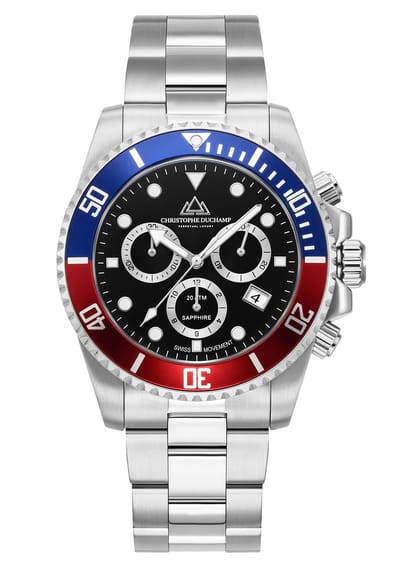 Christophe Duchamp Marine Chrono Herenhorloge - Zilver - Rood/Blauw - Chronograaf - 200M Waterdicht - Saffierglas