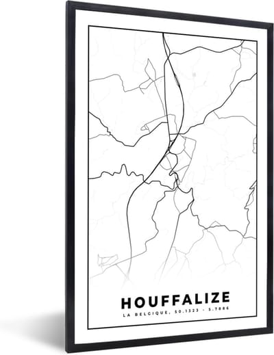 Fotolijst incl. Poster Zwart Wit- België – Houffalize – Stadskaart – Kaart – Zwart Wit – Plattegrond - 40x60 cm - Posterlijst