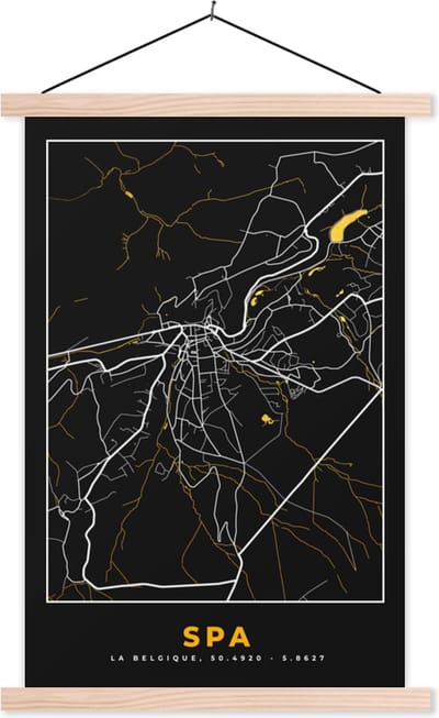 Posterhanger incl. Poster 40x60 cm - Schoolplaat - Spa - Kaart - Stadskaart - Goud - Plattegrond - Textielposter - Blanke latten - Stadskaart