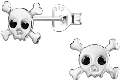 Joy|S - Zilveren skull oorbellen - doodskop zilver met zwarte kristalletjes - 8 x 7 mm - Halloween kinderoorbellen