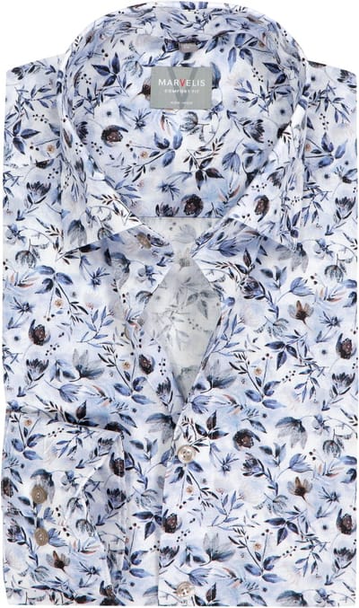 MARVELIS comfort fit overhemd - popeline - wit met blauw en bruin bloemen dessin - Strijkvrij - Boordmaat: 44 (EU maat: XL)