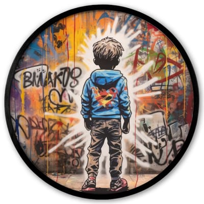 Poster in lijst Rond - Fotolijst 40x40 cm - Posters - Graffiti - Jongen - Kleuren - Street Art - Ronde posterlijst zwart - Decoratie - Wanddecoratie woonkamer - Muurdecoratie slaapkamer