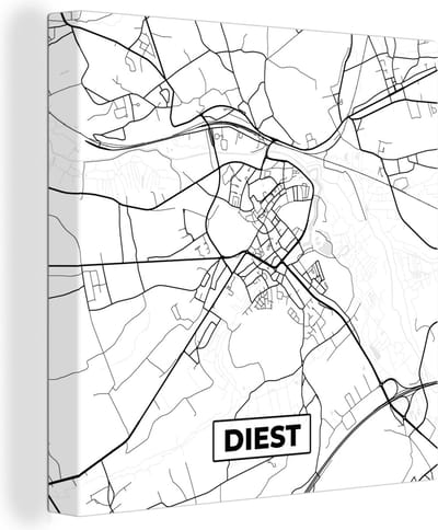 Canvas Schilderij Zwart Wit – België – Plattegrond – Stadskaart – Kaart – Diest - 20x20 cm - Wanddecoratie