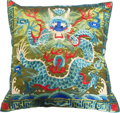 Fine Asianliving Chinese Kussen Volledig Geborduurd Groen Draak 45x45cm