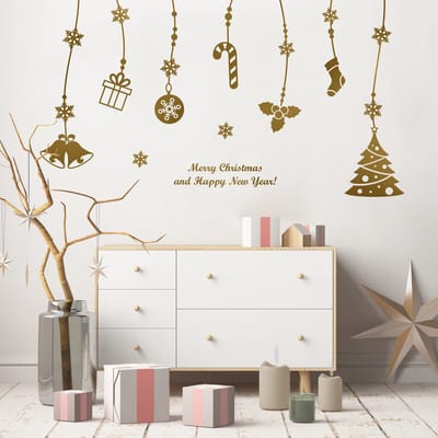 Fijne Kerst en een Gelukkig Nieuwjaar Sticker - 110x145cm - Goud - Kerststickers - Feestelijke Decoraties