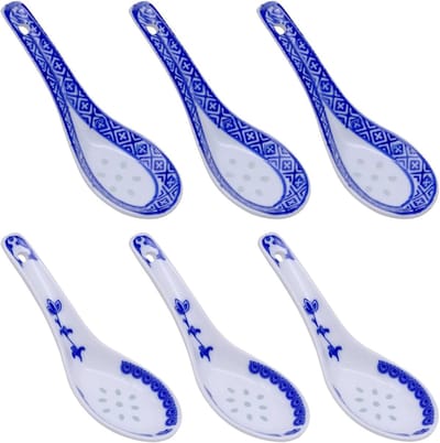 Set van 6 Porseleinen Lepels in Blauw en Wit, Ideaal voor Soep, Koffie en Melk, Keramische Tafellepels