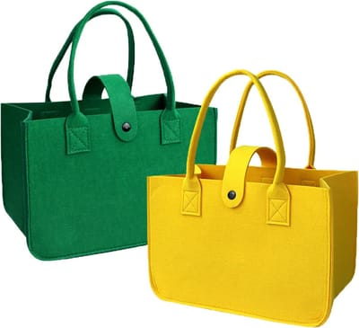 SnelShoppen - 2 Stuks Vilten Tassen, Opvouwbare Shopper, Boodschappentas, Speelgoedtas, Geel/Groen voor Winkelen, Picknick, Opslag, Haardhouttas